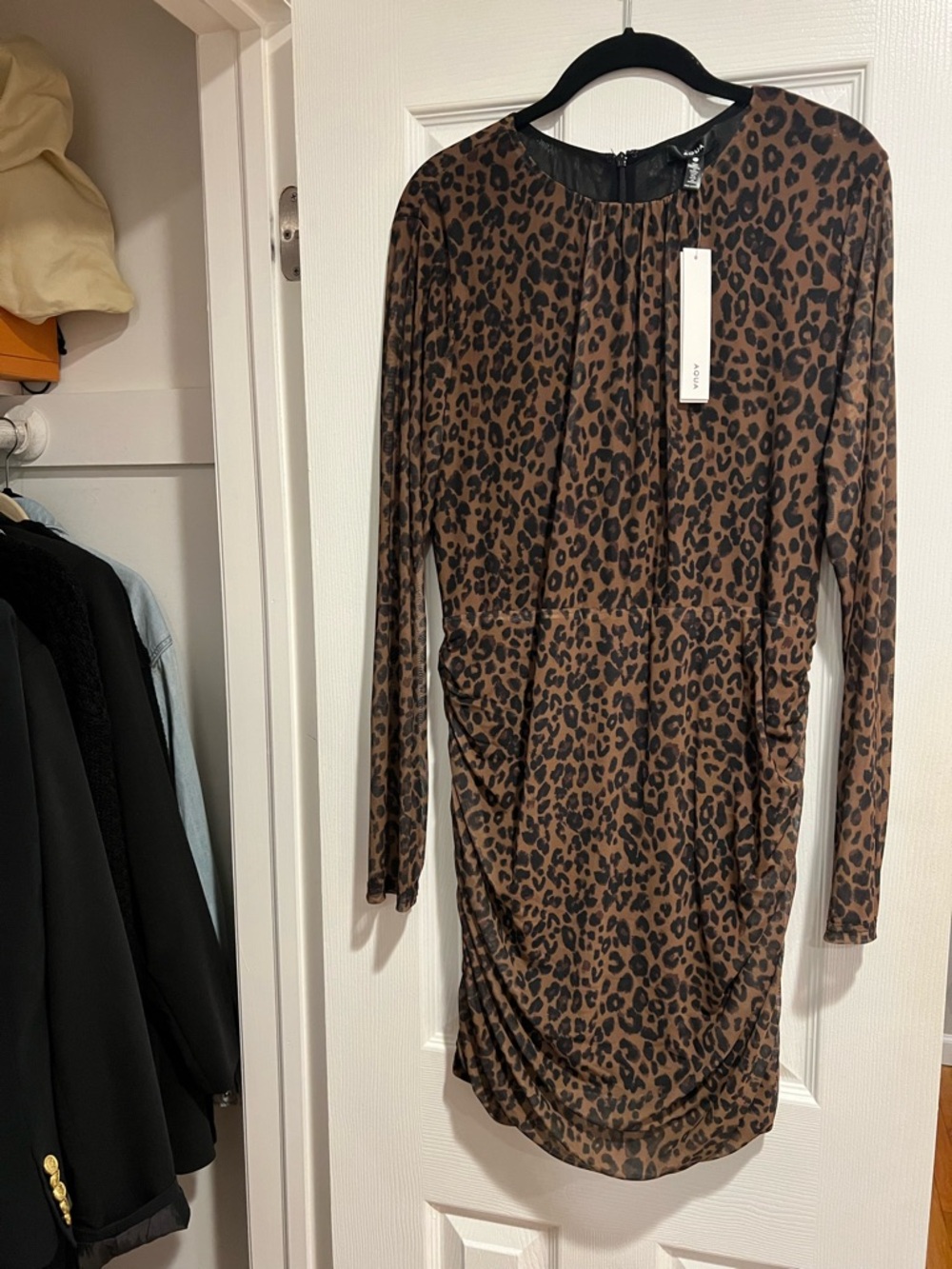 Aqua Brown and Black Leopard-Print Long Sleeve Dress
